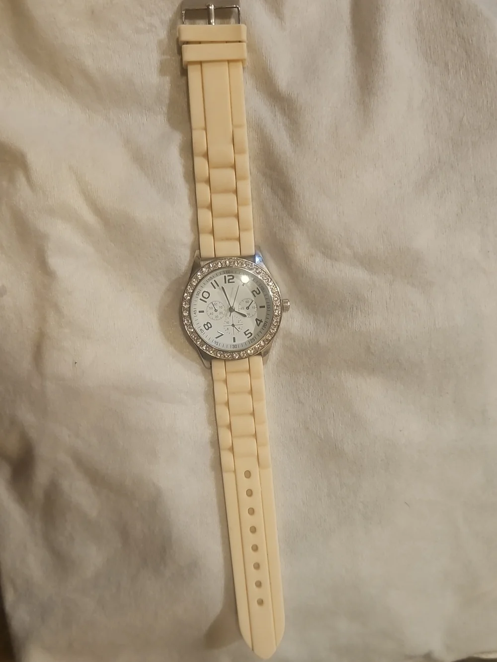 Ivory Silicone Strap Watch with Crystal Bezel